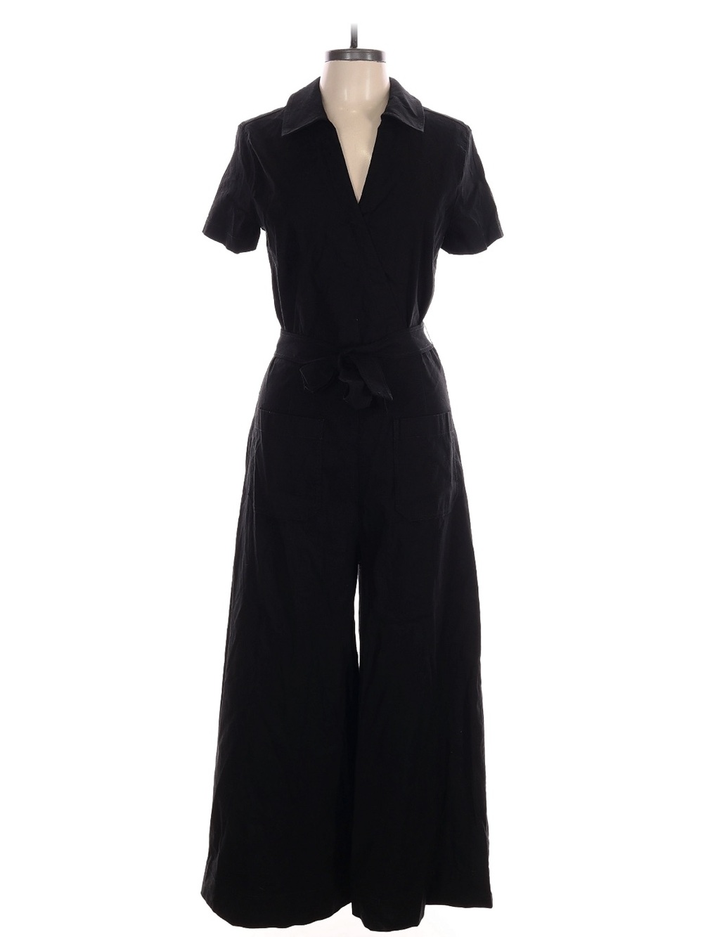 Maeve by Anthropologie Black Short-Sleeve Wide-Leg Jumpsuit with Tie Waist